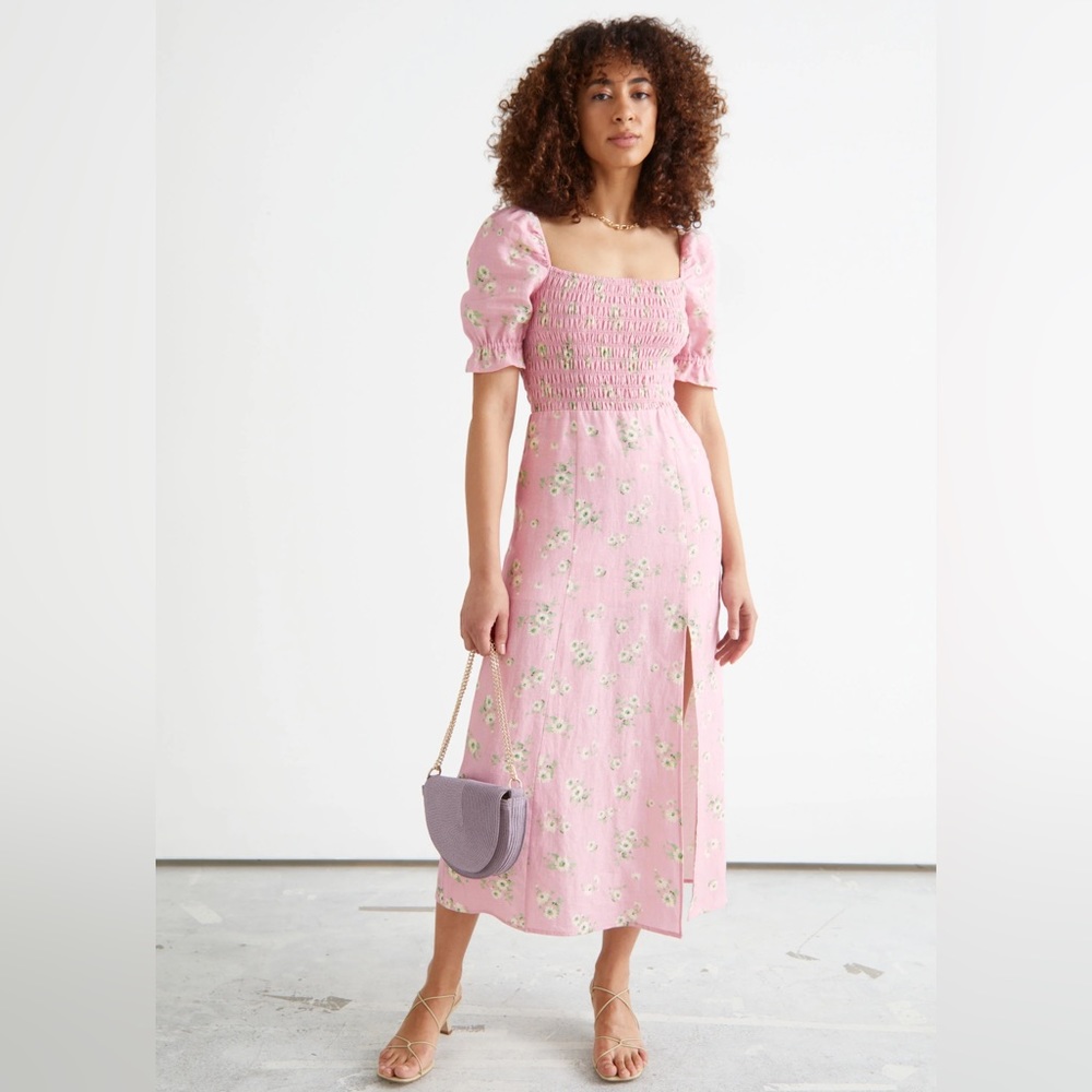& OTHER STORIES Pink Floral Smocked Printed Puff Sleeve Linen Midi Dress US 2